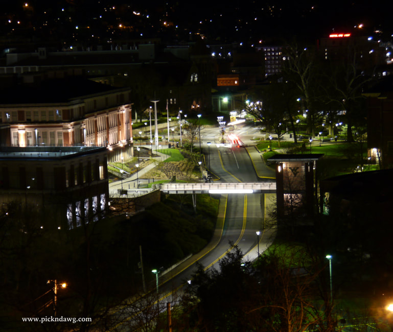 Downtown WVU campus at night Morgantown pickndawg